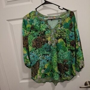 Figueroa & Flower Small Green Layering Sheer V-Neck Floral Print Bohemian Blouse